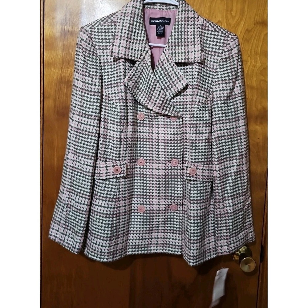 Norton McNaughton Woman Pink Brown Plaid Double Breasted Blazer Size 14